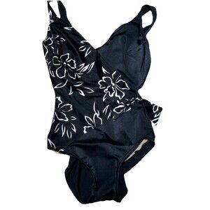 Slim Allure‎ Black Floral Swimsuit Sz 10 C+ Vintage One Piece Padded High Cut